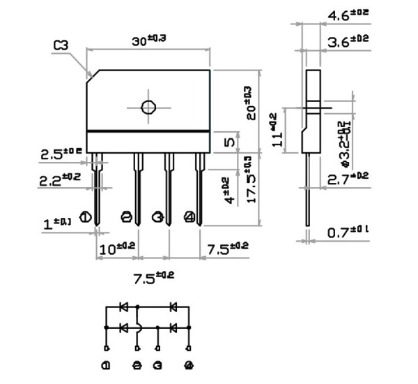 Диодный мост D25XB80: Габариты