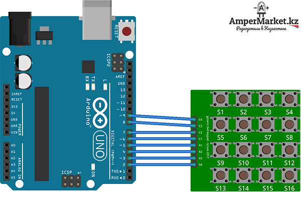 Схема: Подключение матричной клавиатуры 4x4 к Arduino
