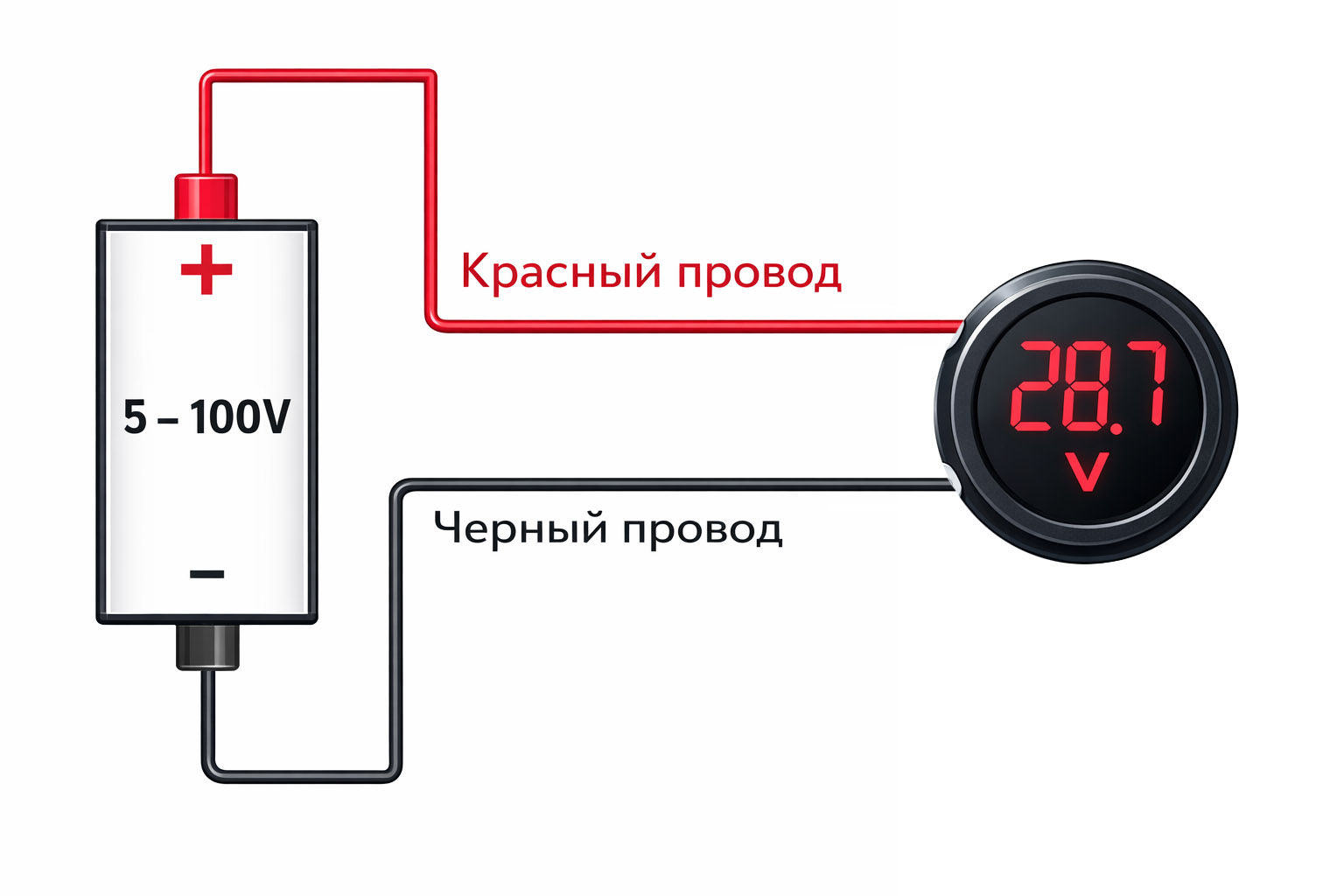 Двухпроводной DC вольтметр (5 – 100 В) круглый (30 мм)